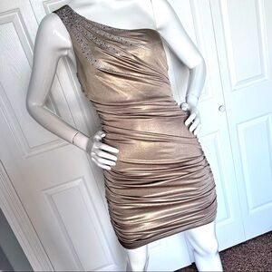 Vintage gold one shoulder ruched dress in excellent condition
